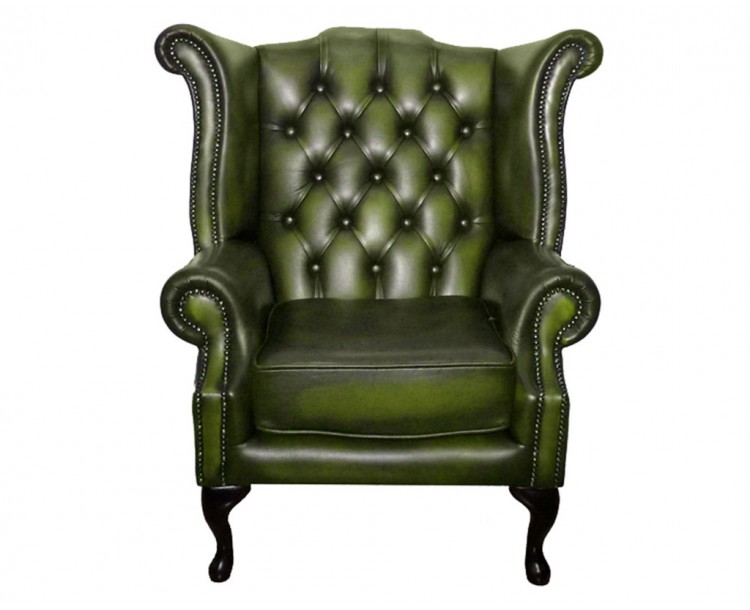 Chesterfield Genuine Leather Antique Green Queen Anne Armchair