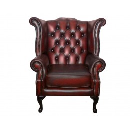 Chesterfield Queen Anne Armchair 100% Real Leather Antique Oxblood Red