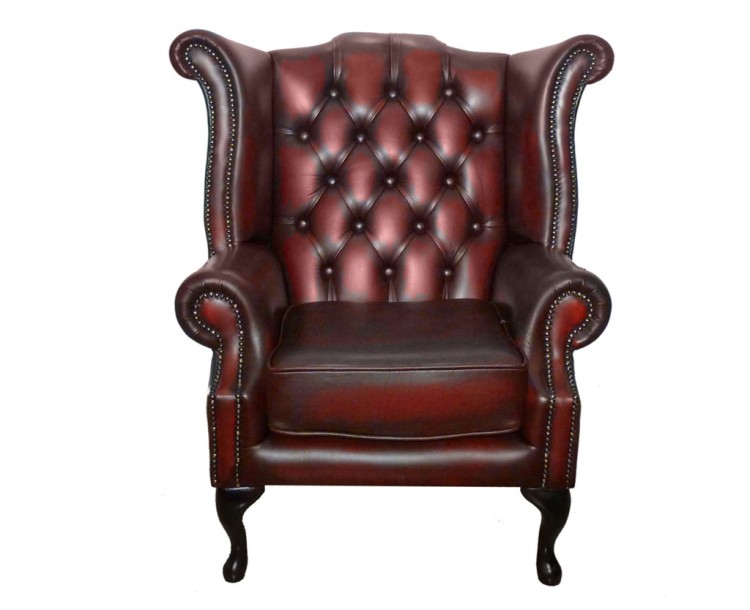 Chesterfield Oxblood Red Real Leather Queen Anne Armchair