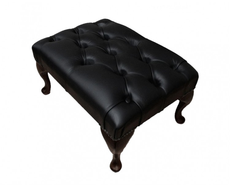Chesterfield Genuine Leather Shelly Black Queen Anne Footstool
