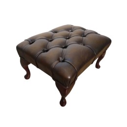 Chesterfield Queen Anne Footstool 100% Genuine Leather Antique Brown