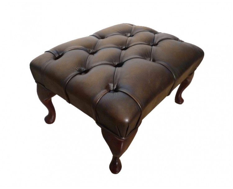 Chesterfield Genuine Leather Antique Brown Queen Anne Footstool