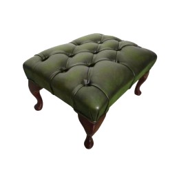 Chesterfield Queen Anne Footstool 100% Genuine Leather Antique Green