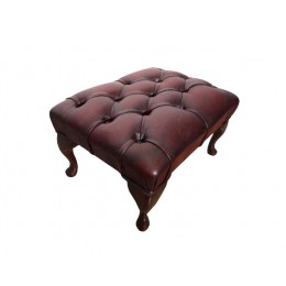 Chesterfield Queen Anne Footstool Genuine Leather Antique Oxblood Red