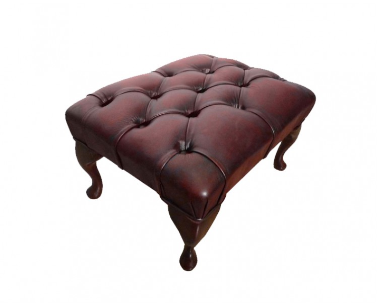 Chesterfield Real Leather Oxblood Red Queen Anne Footstool
