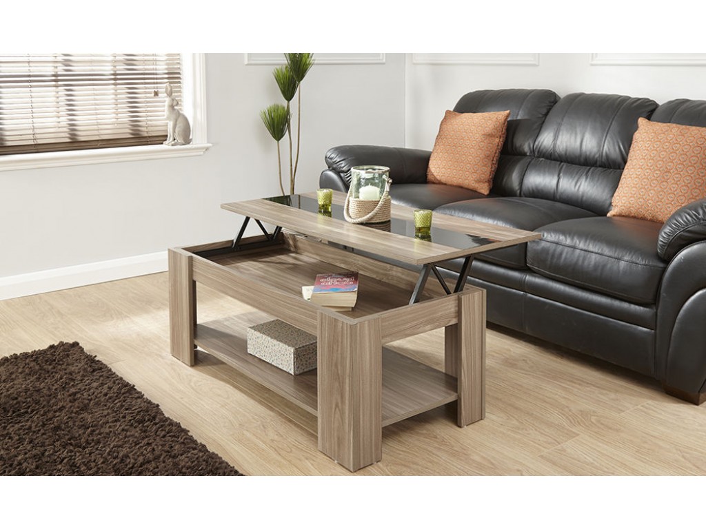 Alcott Lift Up Storage Walnut Coffee Table With Black Gloss Strip