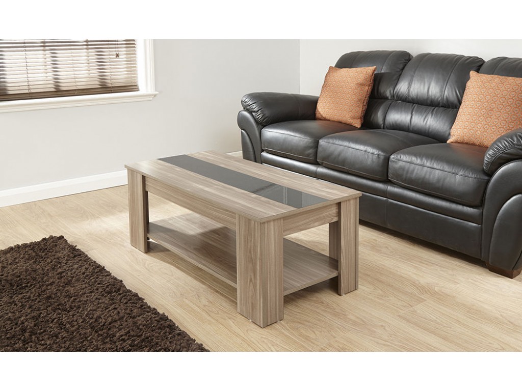 Alcott Lift Up Storage Walnut Coffee Table With Black Gloss Strip