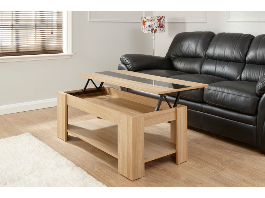 Living Room Oak Lift Up Coffee Table with Black High Gloss Strip