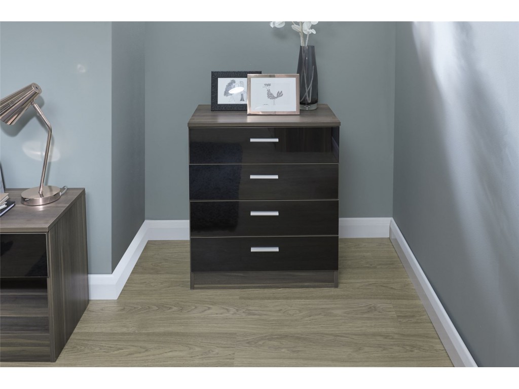 Melbourne Gloss Black Walnut Bedroom 4 Drawer Chest Storage