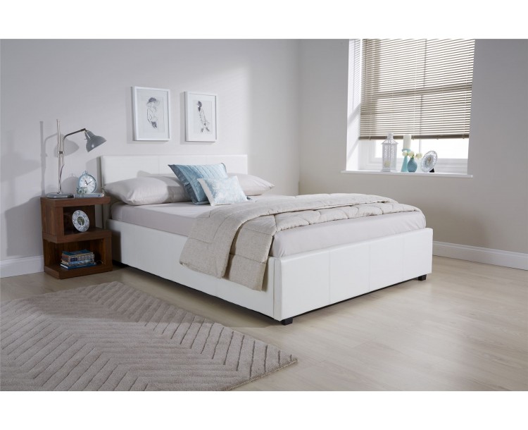 90cm Side Lift Ottoman Storage, White Faux Leather Bed Frame With Storage