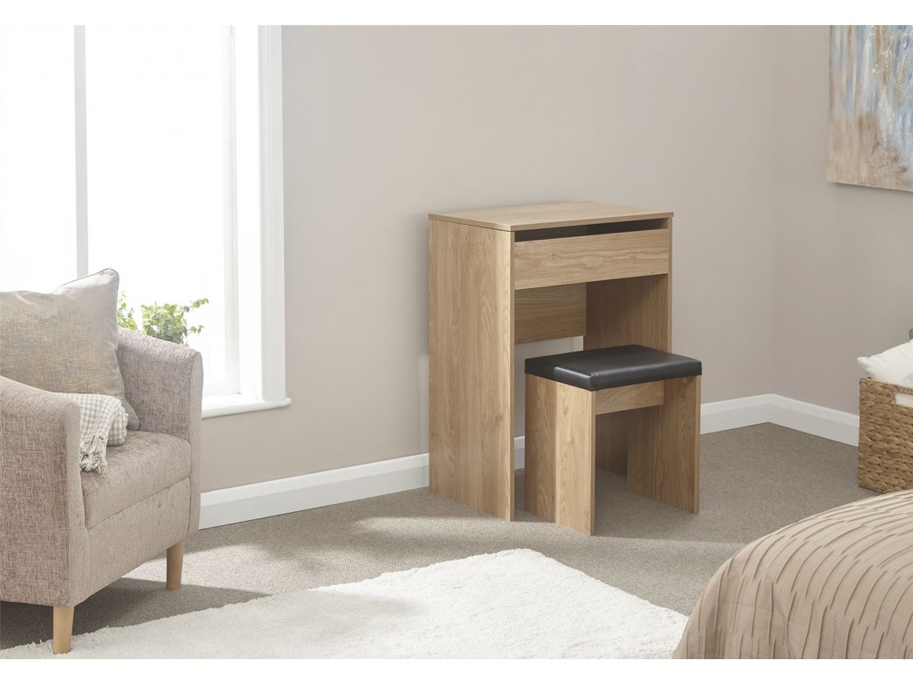 Modern Oak Compact Lift Up Mirror Dressing Table Stool Set