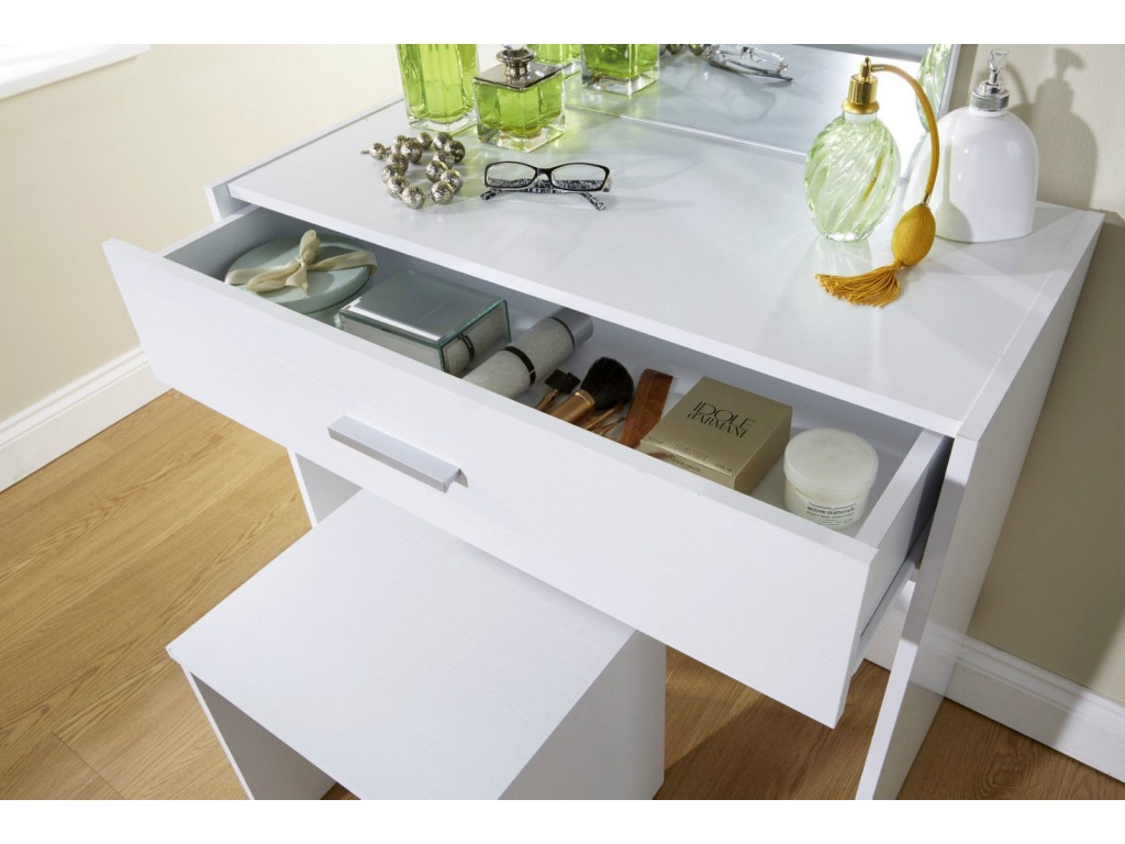 Contemporary Julia White Vanity Mirror Make Up Table Stool Set