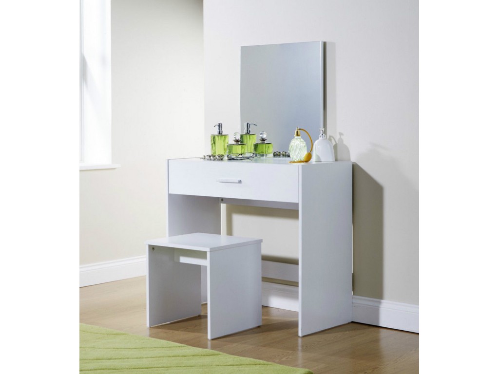 Contemporary Julia White Vanity Mirror Make Up Table Stool Set