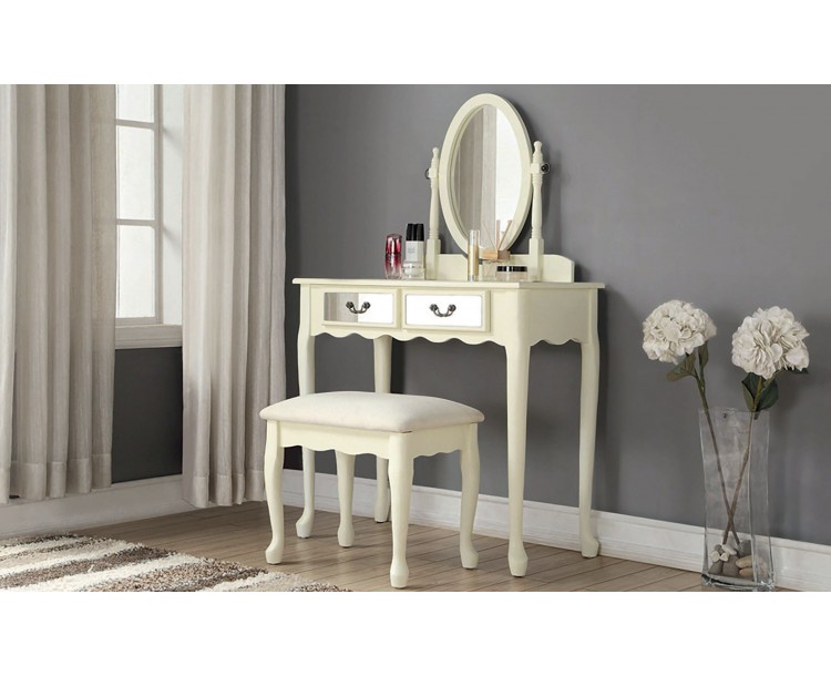 Traditional Ivory Mirrored Dressing Table With Padded Stool