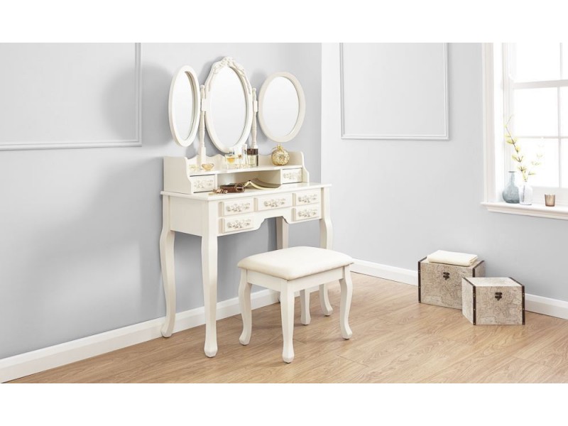 Arabella Triple Mirrored Ivory Dressing Table with Stool