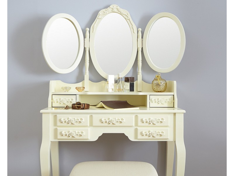 Arabella Triple Mirrored Ivory Dressing Table with Stool