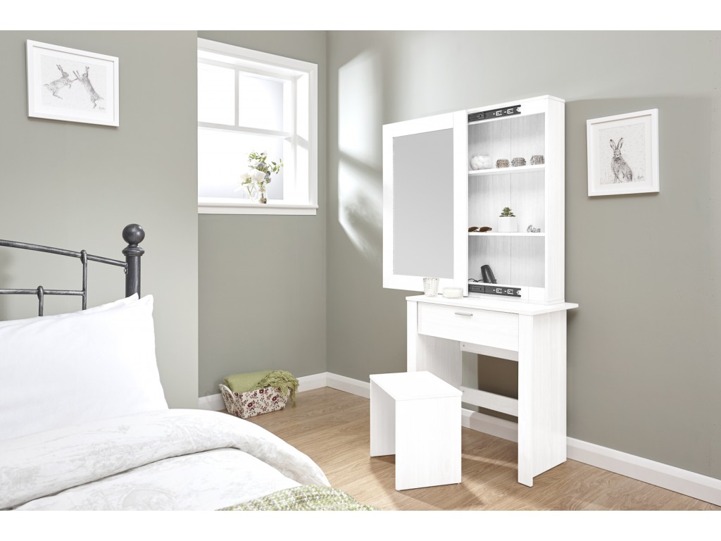 White Hobson Dressing Table Sliding Mirror Stool Set Bedroom