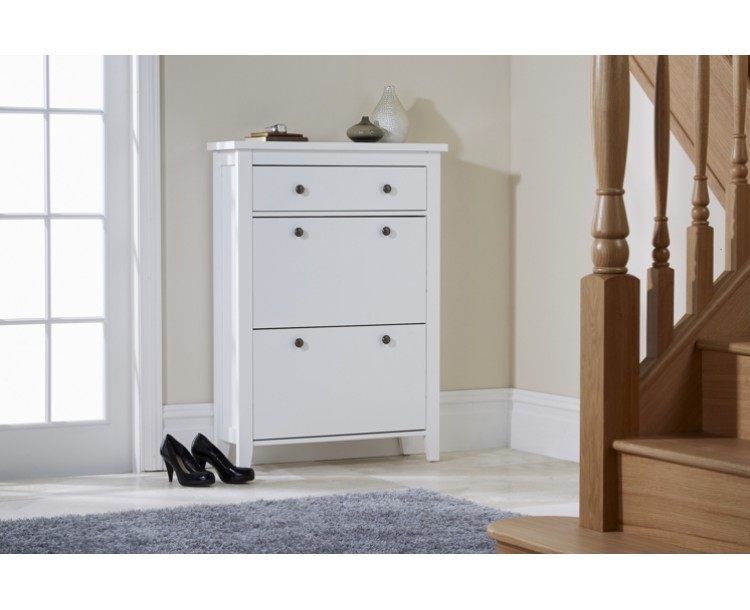 Reins Two Tier Shoe Cabinet White with Pull Out Drawer