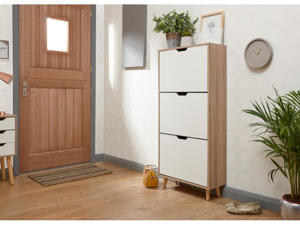 White Oak Stockholm Hallway 3 Tier Shoe Rubberwood Legs