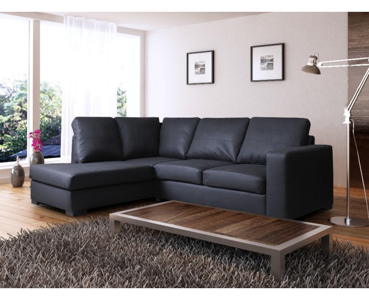 Venice Left Hand Corner Sofa Black Faux Leather w/ Chaise Lounge