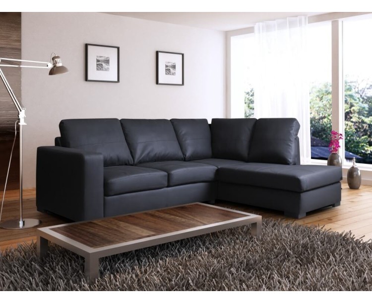 Venice Right Hand Corner Sofa Black Faux Leather w/ Chaise Lounge