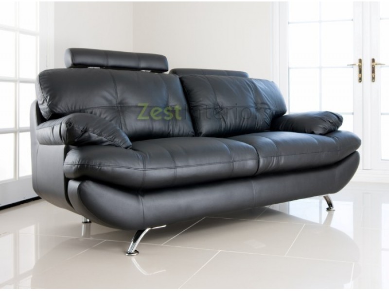 Verona 2 Seater Sofa Black Faux Leather w Adjustable Headrest