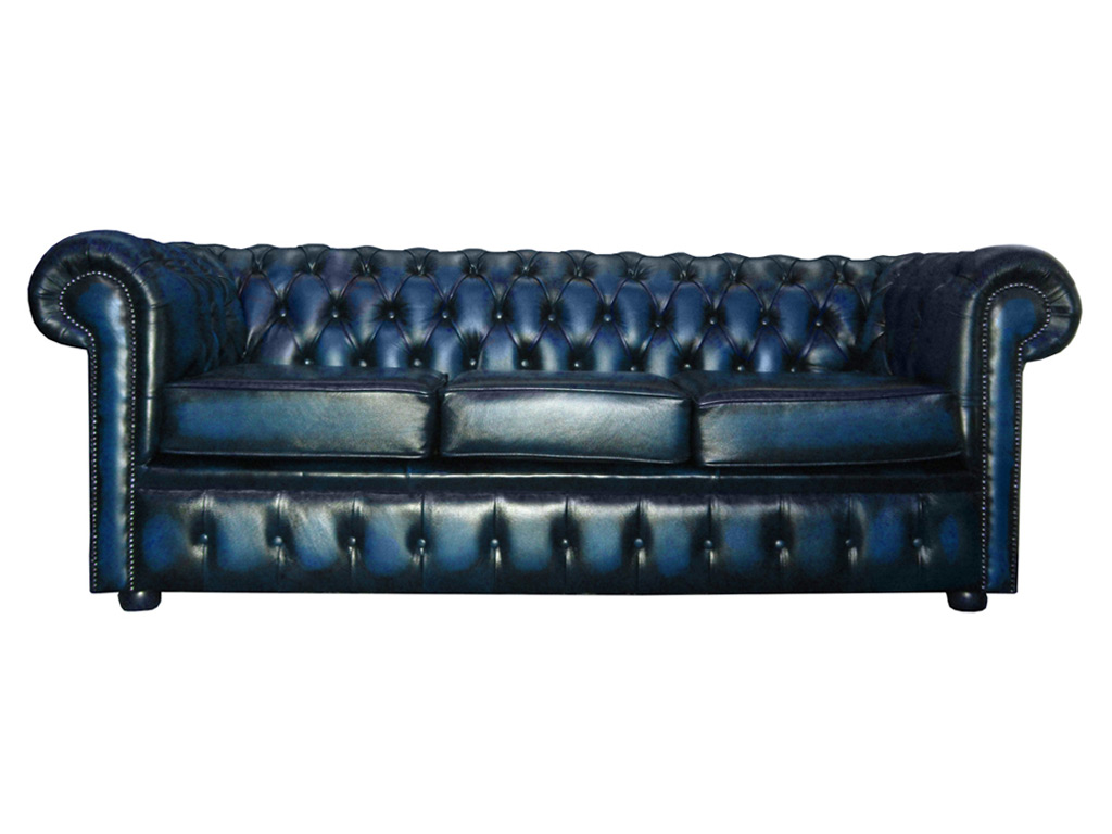 Chesterfield Genuine Leather Antique, Leather Blue Sofa