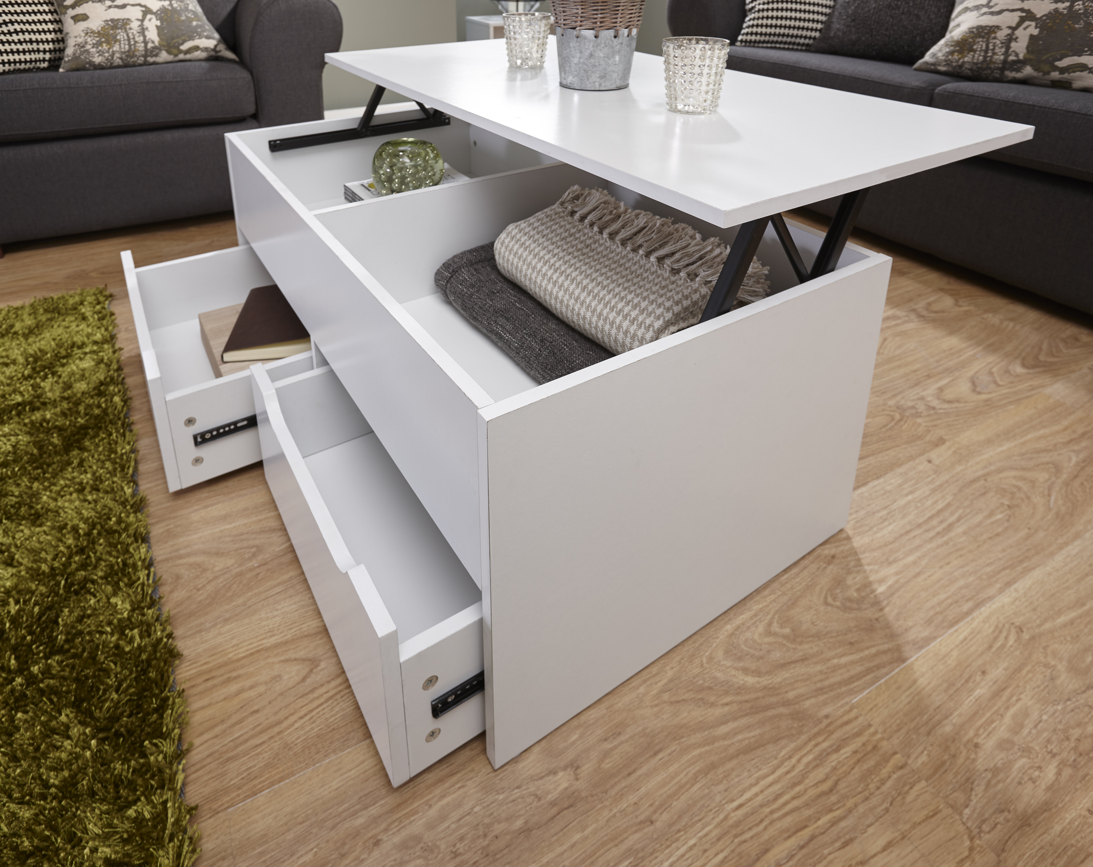 White Ultimate Lift Up Top Storage Drawers Coffee Table